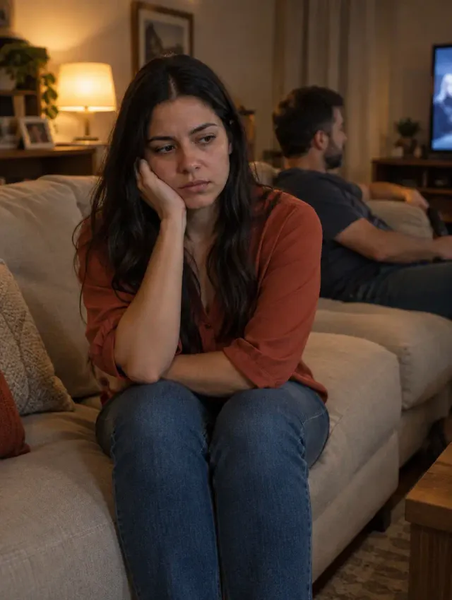 Esposa triste no sofá enquanto o marido assiste TV