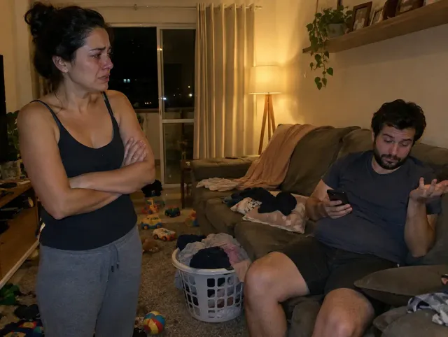 Esposa exausta discutindo enquanto o marido fica no celular